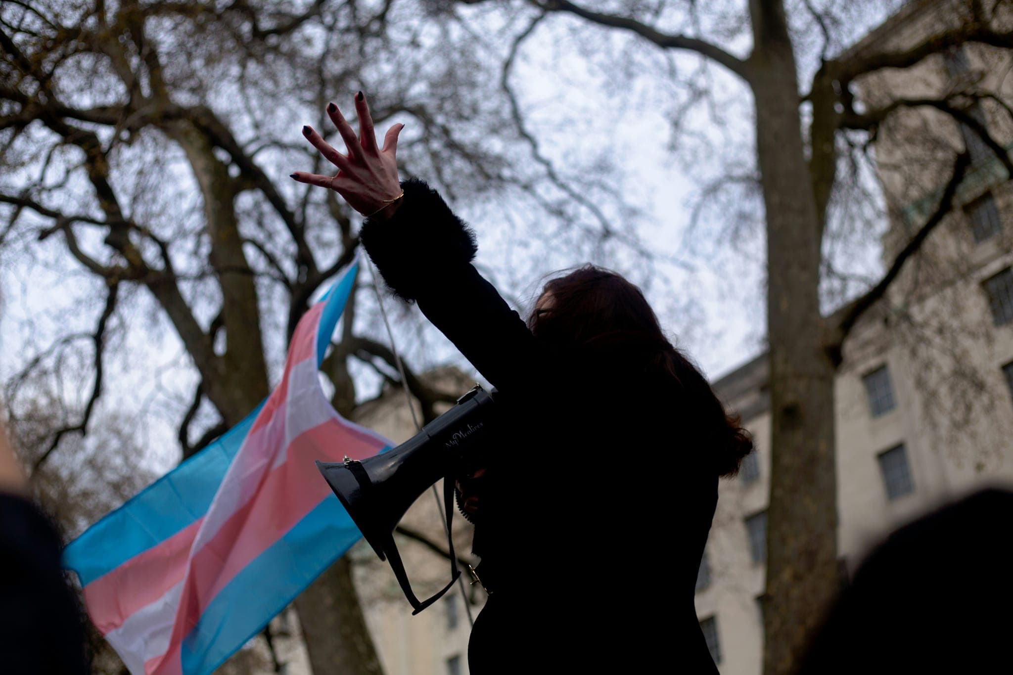 Person with a transgender flag at a demonstration